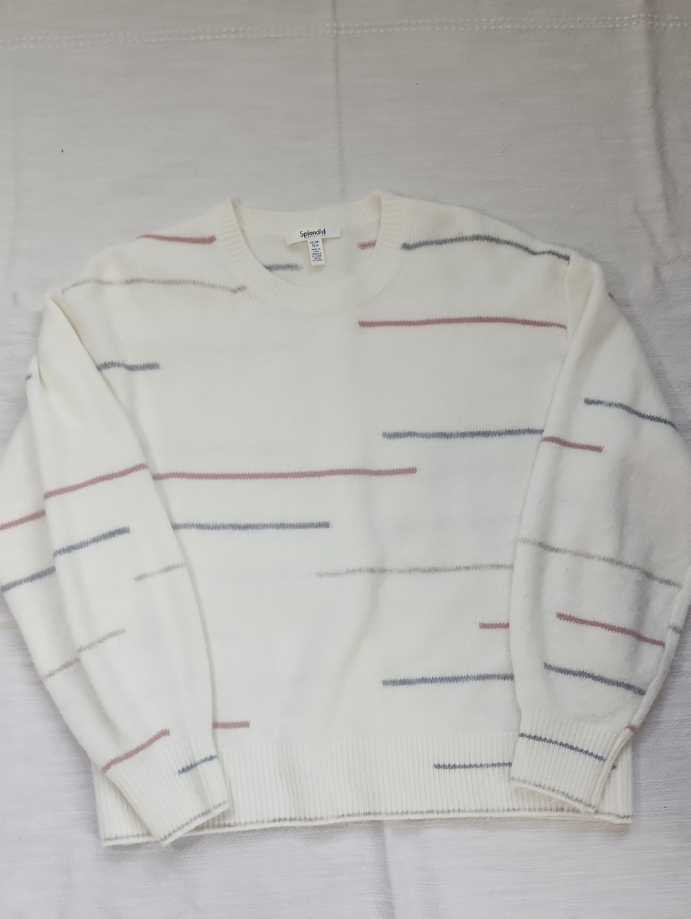 Splendid Men's Cream Crewneck Sweater with Blue and Pink Stripes